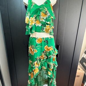 Floral Green Crop top and Ruffled Skirt. Alice + Olivia